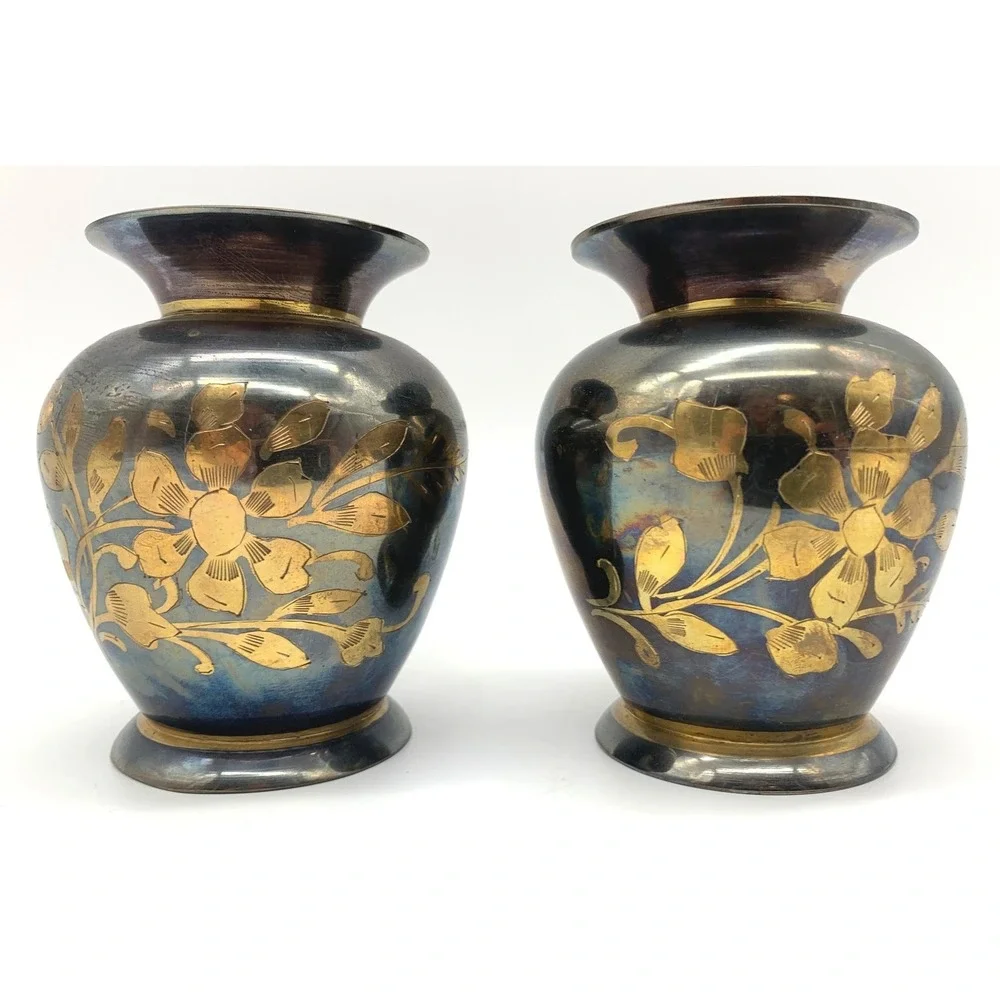 2 Vintage Brass Bud Vases Blue Gold Etched Floral India Small Footed MCM Pair